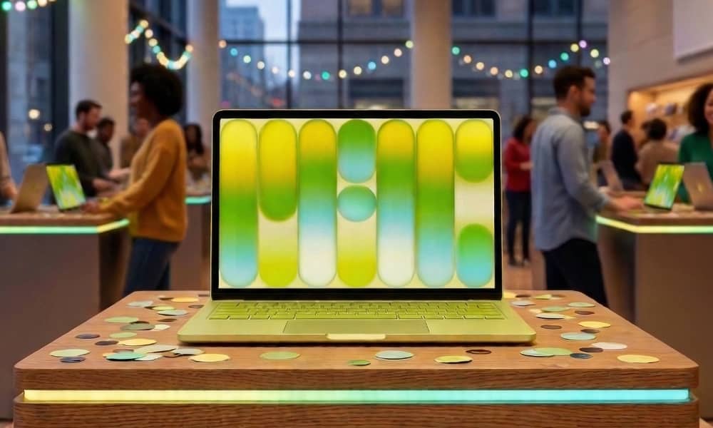 A "Citrus" yellow MacBook Neo with a color-matched keyboard sits on a wooden pedestal covered in green and yellow confetti. The screen displays a vibrant, abstract wallpaper. The background shows a festive, brightly lit retail space resembling an Apple Store, with people and string lights creating a celebratory atmosphere.