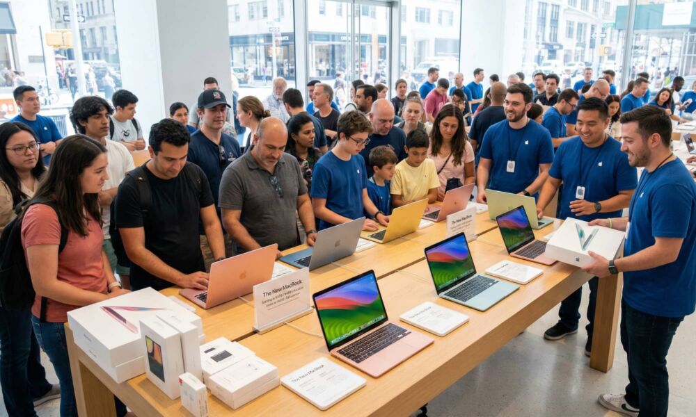 A crowded Apple Store interior where a large number of people are gathered tightly around a display table to try the new colorful MacBook models.