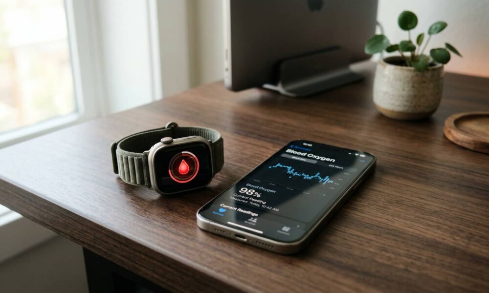 A 2026 Apple Watch and iPhone 17 Pro on a modern desk, showing the Blood Oxygen app and the synced data in the Health app.