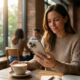 A person using an iPhone 17 Pro to read an e-book in a bright, cozy cafe setting.