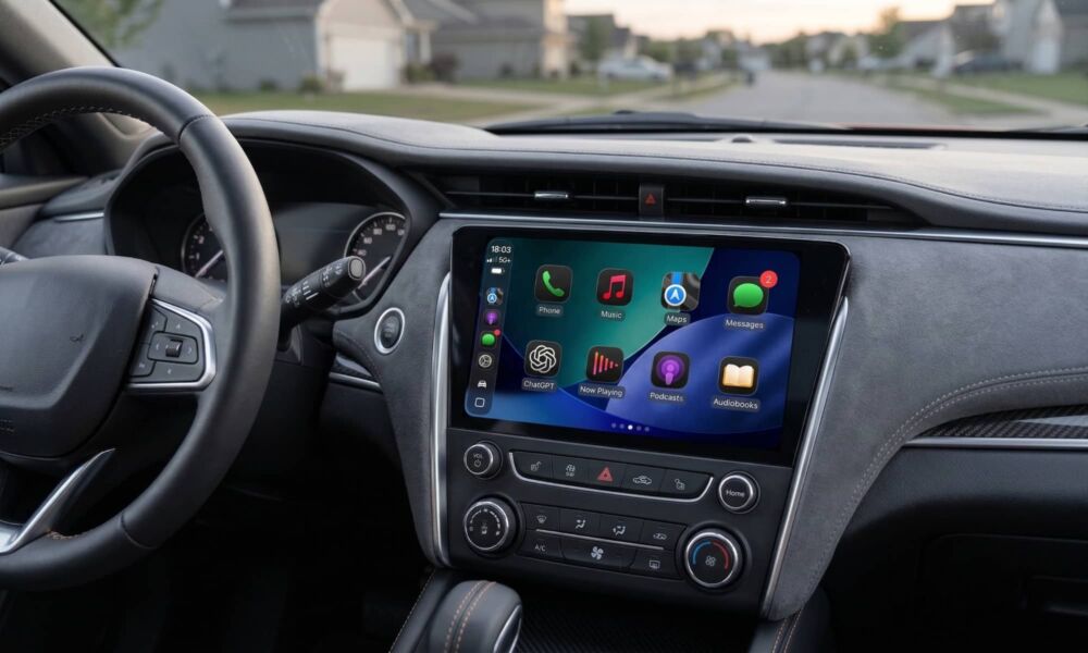 A passenger's perspective shot of a car dashboard center console. The integrated landscape-oriented infotainment screen is active, perfectly displaying the iOS 26.4 CarPlay interface with a grid of app icons. The text and logos for 'Phone', 'Music', 'Maps', 'Messages' (with a notification badge), and the specific white OpenAI spiral logo labeled 'ChatGPT' on a dark background are all clearly visible and accurate.