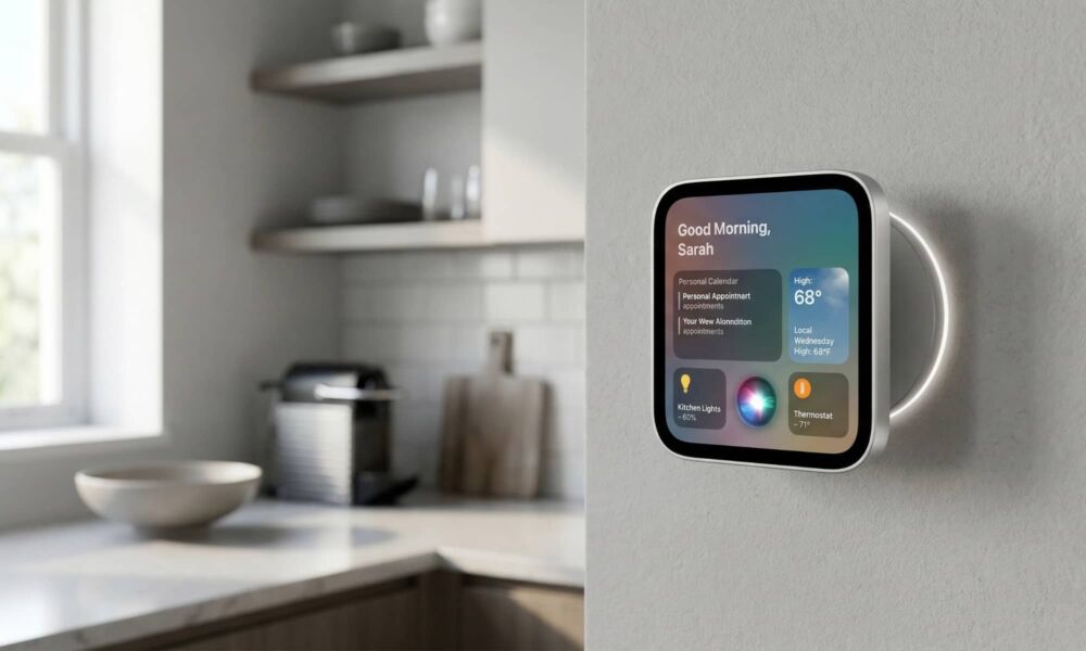 A concept image of a sleek, square Apple smart display (HomePad) magnetically attached to a modern kitchen wall, displaying a personalized dashboard with Siri, calendar appointments, weather, and home controls.