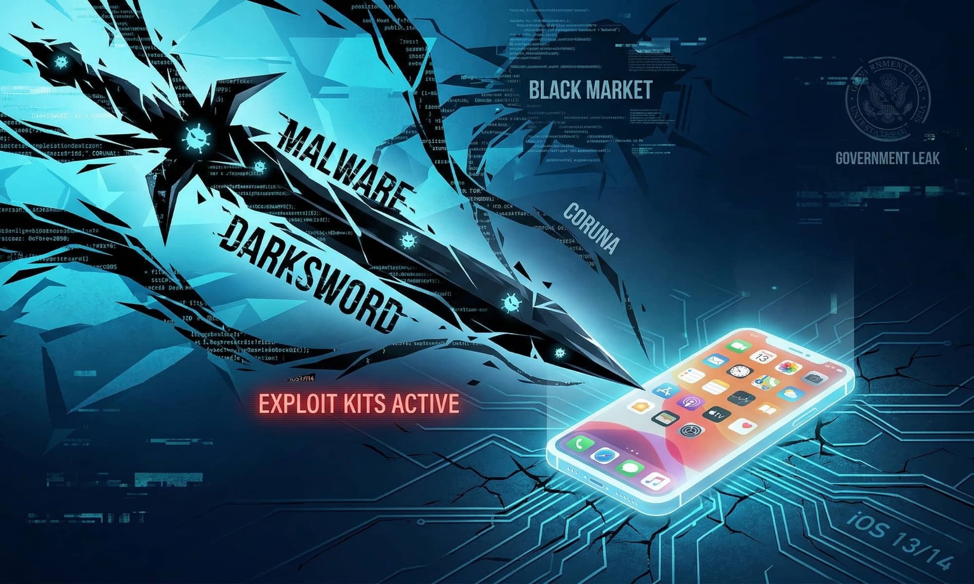 An abstract, ominous conceptual illustration of the "DarkSword" malware, visualized as a fractured, menacing data blade of fragmented code and symbols, targeting a vulnerable glowing representation of an iPhone running legacy iOS. The background is a dark, fragmented digital environment.