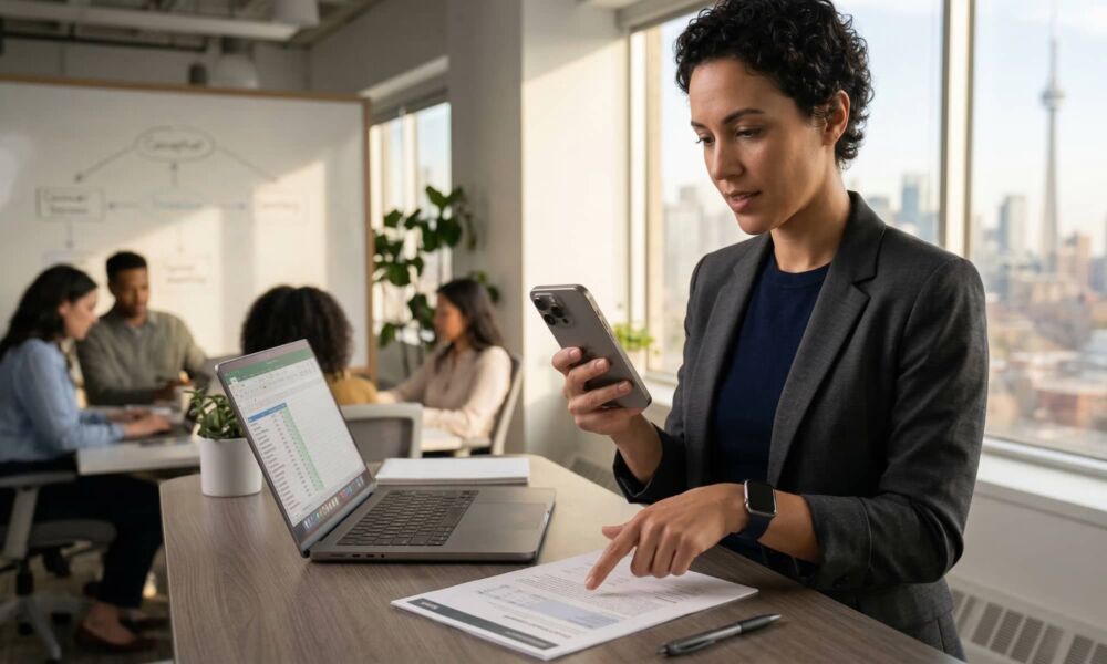 A focused professional woman in a grey blazer stands at a wooden office desk, holding a modern smartphone in her right hand while pointing with her left index finger at a printed document on the desk. An open laptop displaying a spreadsheet rests nearby. In the background, other colleagues collaborate, and a large window provides a view of the Toronto city skyline, including the CN Tower.