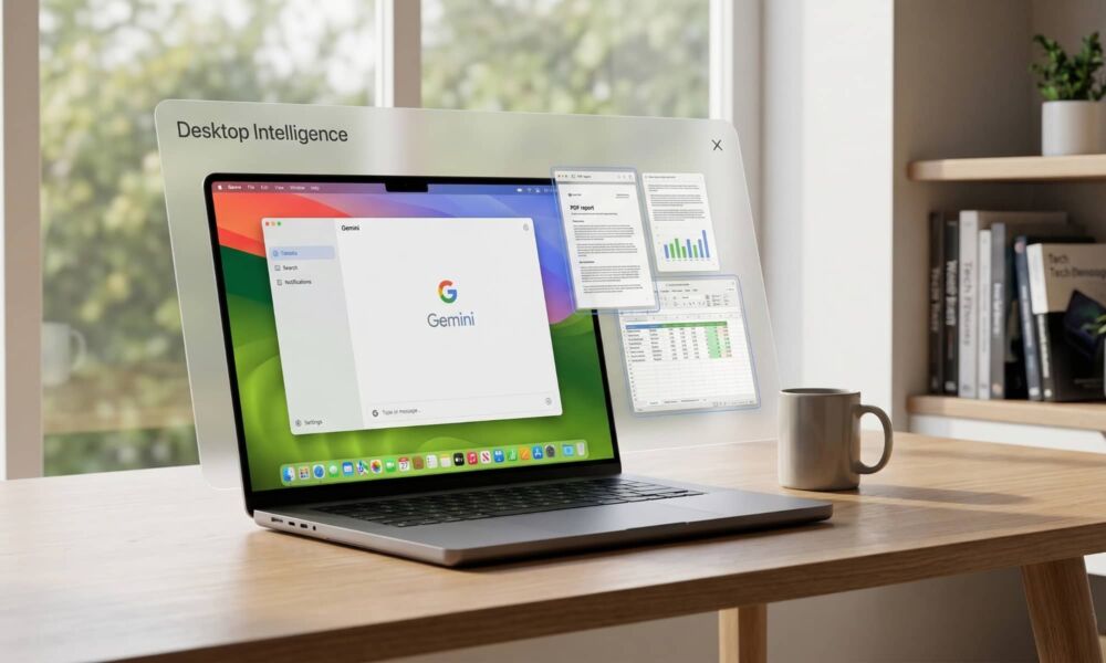 A MacBook on a wooden desk showing a conceptual native Gemini app for macOS, with a 'Desktop Intelligence' overlay analyzing on-screen documents in a modern, sunlit home office.