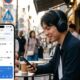 A person wearing black over-ear headphones in a Tokyo street cafe is looking at an iPhone screen which shows the Google Translate app actively translating English into Japanese in 