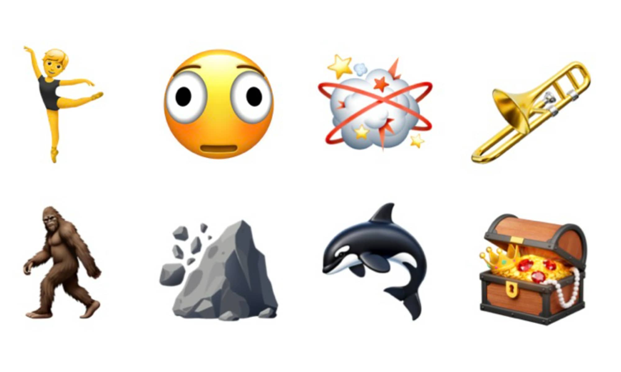 New Emoji in iOS 26.4: Ballet Dancer, Distorted Face, Fight Cloud, Trombone, Hairy Creature, Landslide, Orca, and Treasure Chest.