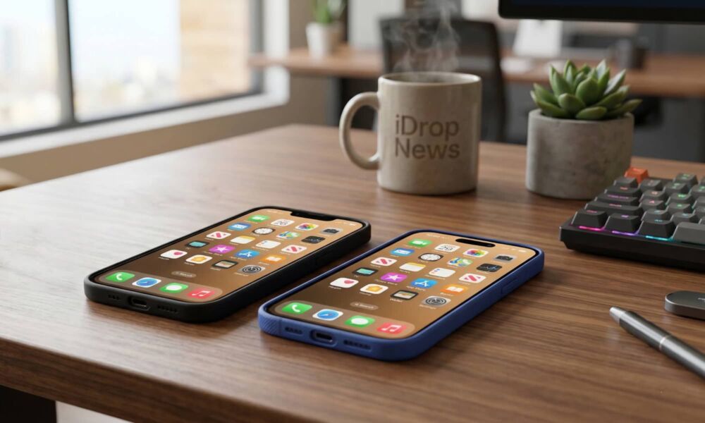 A landscape photograph showing the black iPhone 17e with a classic notch and the ultramarine blue iPhone 16 with a Dynamic Island resting side-by-side on a polished walnut office desk, next to a ceramic latte mug and a green succulent plant.