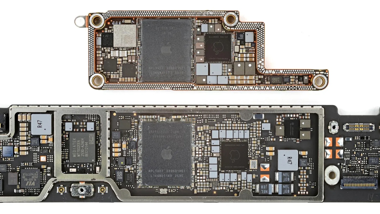 Comparison between the compact MacBook Neo logic board and the iPhone 16 Pro logic board, highlighting their shared A18 Pro architecture.
