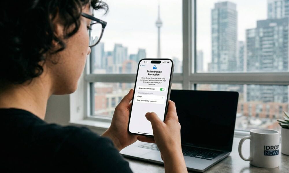 An over-the-shoulder view of a person using an iPhone to view the Stolen Device Protection settings. The screen shows the feature toggled on with the "Always" security delay selected. The person is sitting at a desk with a laptop and an iDrop News coffee mug, with a bright city skyline in the background.