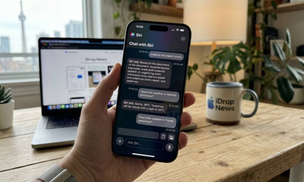 A close-up of an iPhone 17 Pro running iOS 27, displaying a dedicated Siri app with a chat-bubble interface and an "Ask Siri" text field at the bottom.