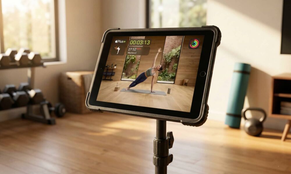An older iPad Pro on a floor stand being used for an Apple Fitness+ workout in a sunlit home gym.