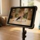 An older iPad Pro on a floor stand being used for an Apple Fitness+ workout in a sunlit home gym.