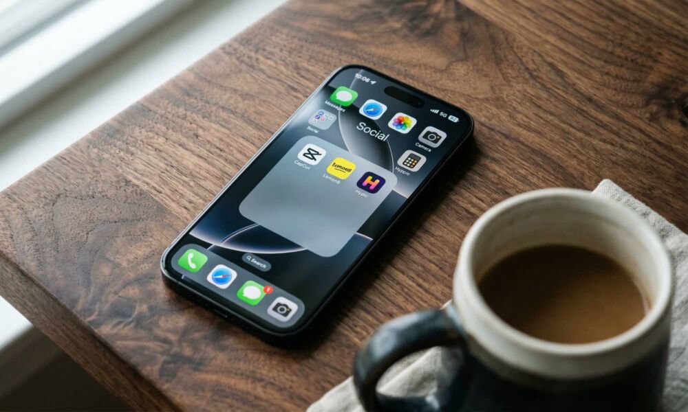 A high-resolution photograph taken from a slightly askew top-down angle, showing an iPhone 17 Pro resting on a dark walnut wooden table. The screen is illuminated, displaying an iOS Home Screen with an open folder labeled "Social" containing the app icons for CapCut, Lemon8, and Hypic.