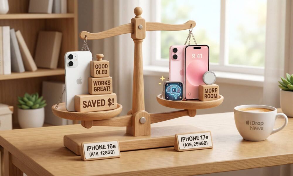 A conceptual 3D illustration of a whimsical wooden balance scale comparing the iPhone 16e (weighted down by blocks reading 'Saved $!' and 'Works Great!') against the iPhone 17e (holding upgrade icons like an A19 chip and MagSafe) on a cozy office desk.