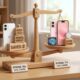 A conceptual 3D illustration of a whimsical wooden balance scale comparing the iPhone 16e (weighted down by blocks reading 'Saved $!' and 'Works Great!') against the iPhone 17e (holding upgrade icons like an A19 chip and MagSafe) on a cozy office desk.