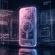 A conceptual abstract image showing a stylized iPhone silhouette with digital design blueprints, representing the rumored iPhone 18e.