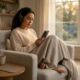 A woman relaxing in a cozy, sunlit living room, wearing AirPods Max and reading on her iPhone 17 Pro. The setting is peaceful and distraction-free, featuring a steaming mug of coffee and a sleeping cat, illustrating the benefits of using Focus Modes in iOS 26.