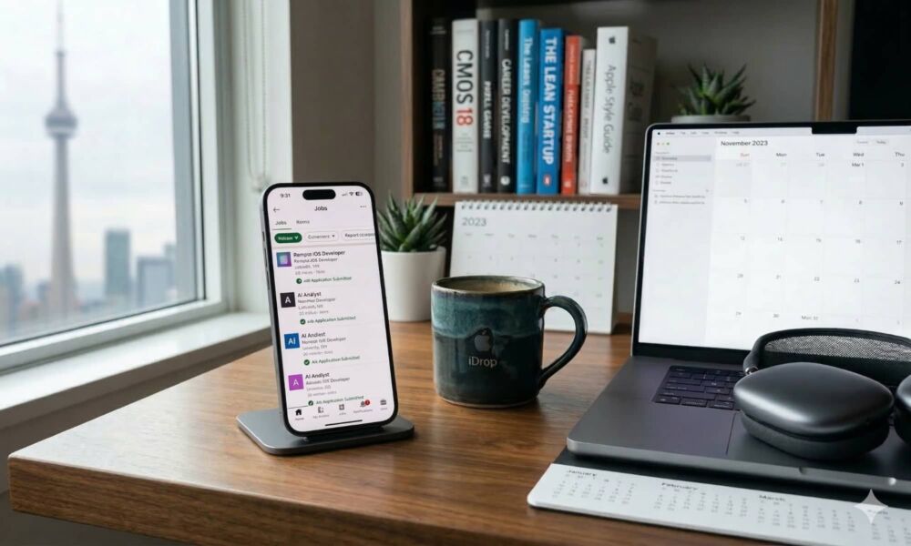 A professional workspace featuring an iPhone and a cup of coffee, representing a modern job search workflow.