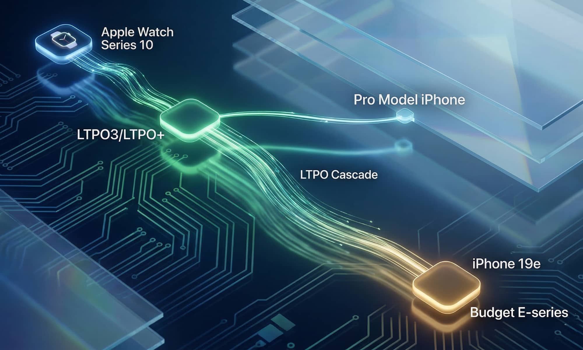 An abstract conceptual visualization showing glowing data streams cascading down from nodes representing the Apple Watch Series 10 and iPhone Pro models, labeled 'LTPO Cascade,' finally settling on a node labeled 'iPhone 19e.' The background is a mesh of deep blue and electric green circuit patterns.