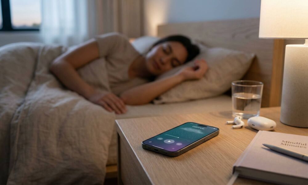 An iPhone showing a white noise app on a minimalist wooden nightstand, with a person softly sleeping in a cozy bed in the background.
