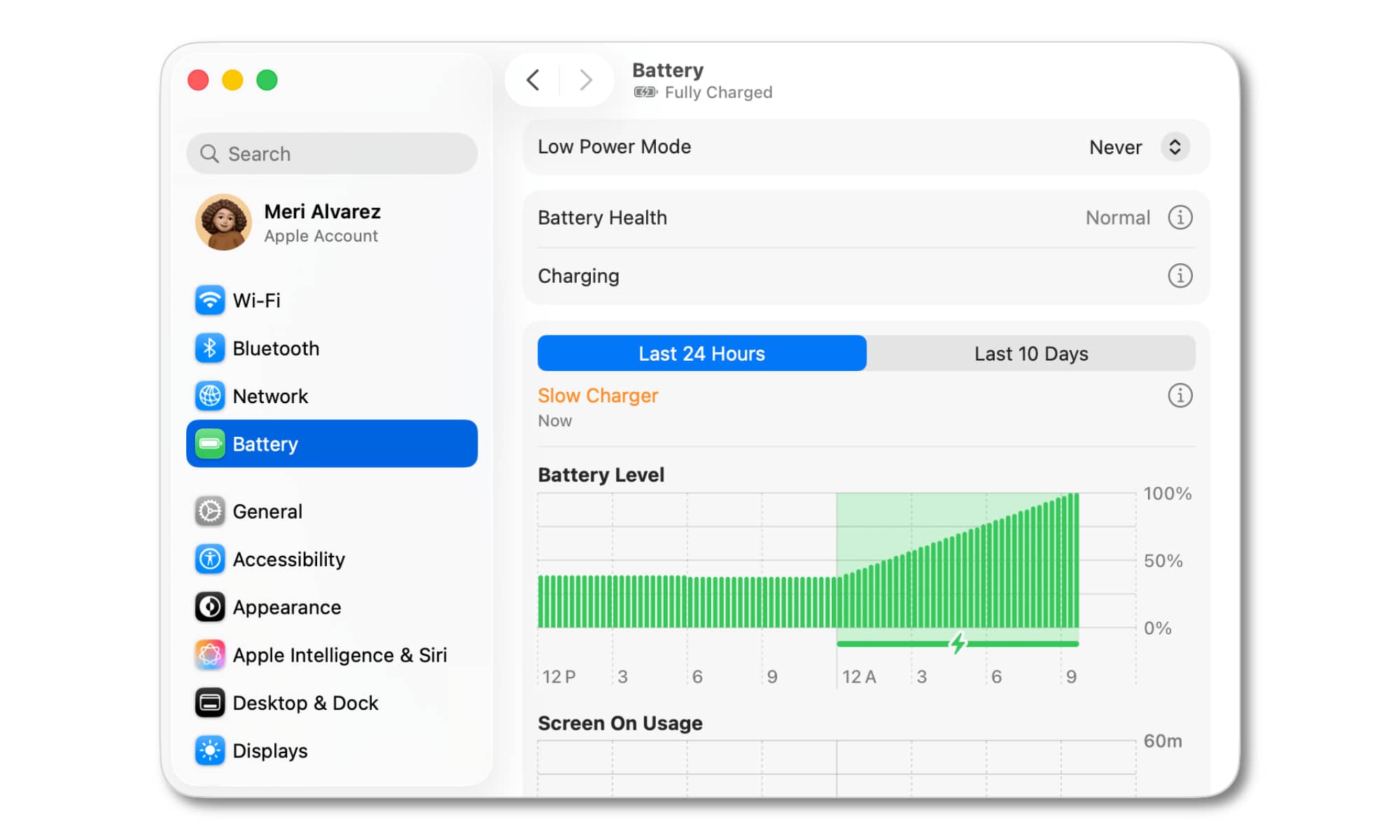 macOS Tahoe 26 System Settings Battery Slow Charger
