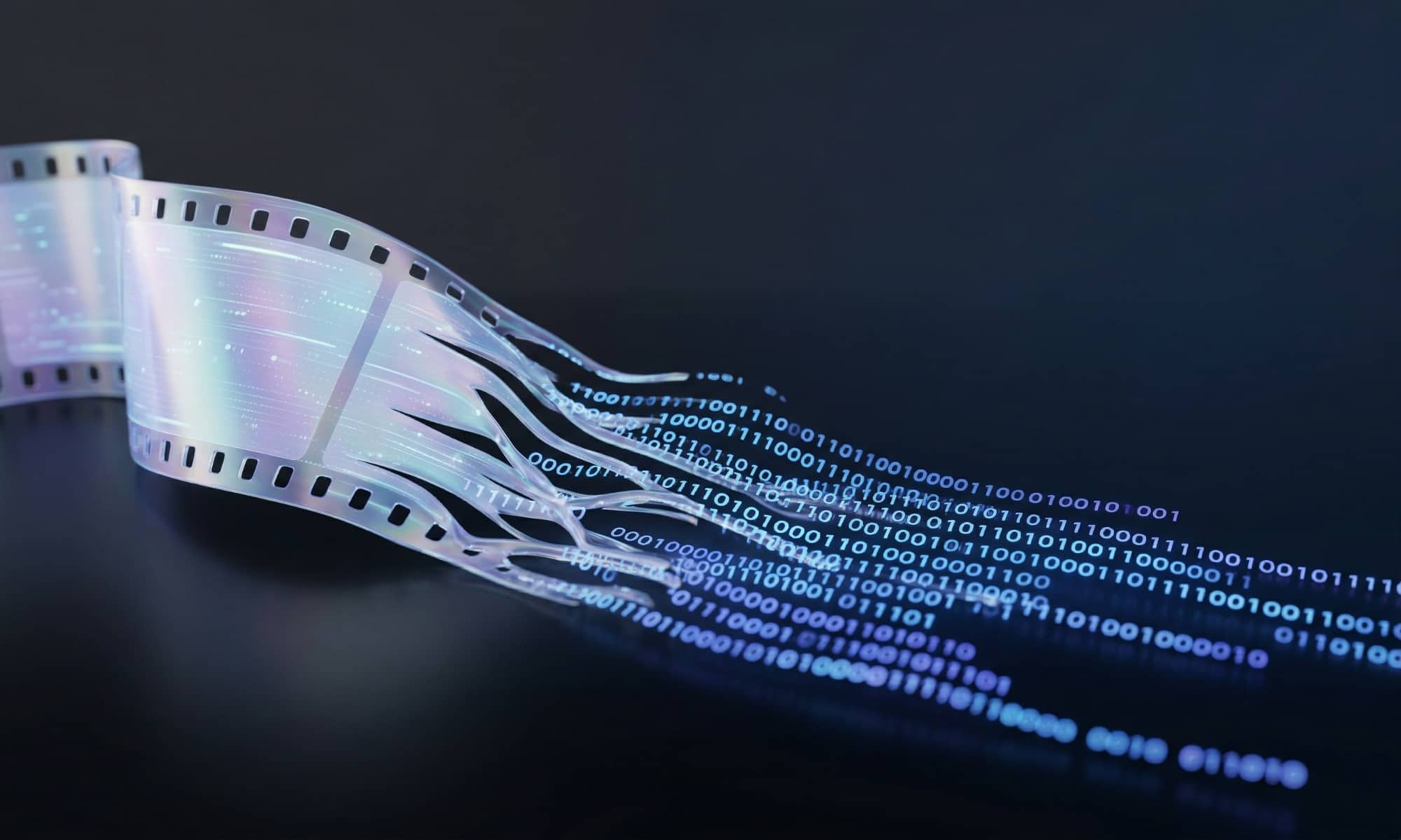 An abstract 3D render of a glowing digital film strip dissolving into a stream of glowing blue binary code against a dark, minimal background.
