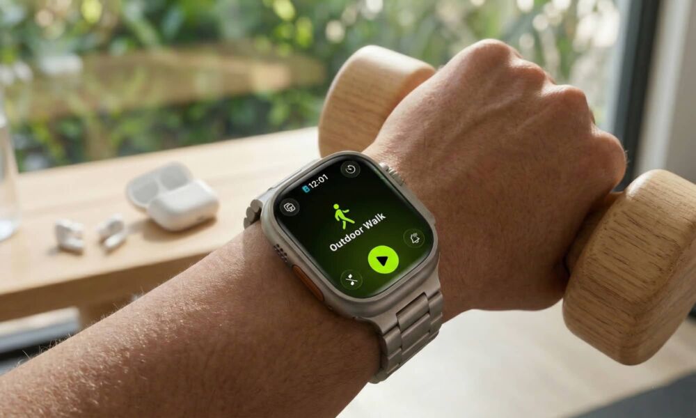 A photorealistic close-up of an Apple Watch Ultra 3 showing an exact watchOS 26.4 Workout app "Outdoor Walk" start screen with all functional buttons, held by a hand in a sunlit gym.