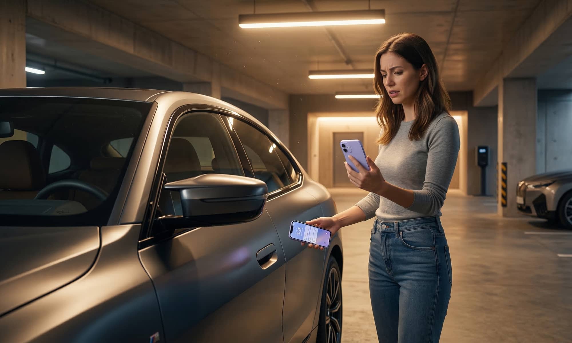 A medium shot in a modern parking garage shows a woman with a slightly confused expression holding two iPhones, attempting to unlock a dark grey luxury sports sedan. She is looking at one iPhone while holding the other near the driver's side door handle. The car remains locked, its handles recessed. She has brown hair and is wearing a grey sweater and blue jeans. The concrete garage is lit by overhead LED panels, with another EV parked in the background. The image is photorealistic.