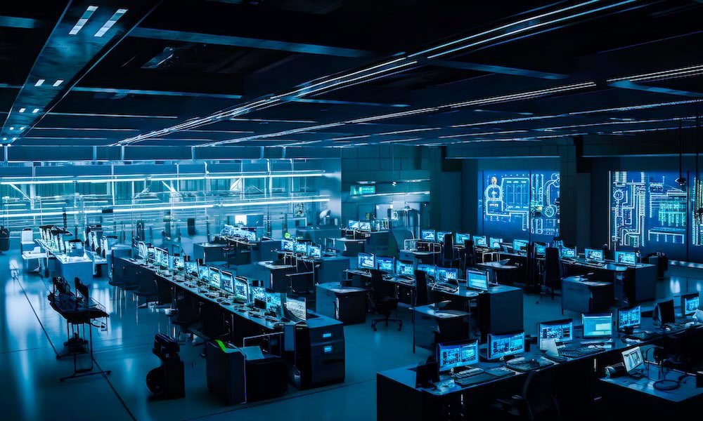 The inside of an office with computers and monitors. Generative AI.