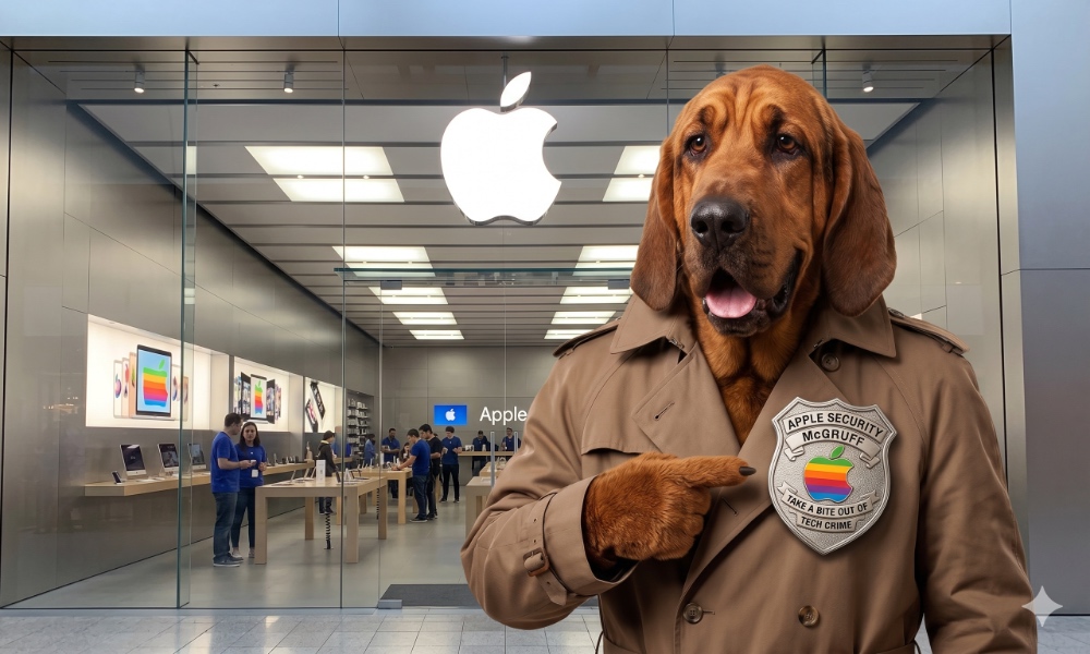 Apple Crime Dog Standing Outside Apple Store wearing a trench coat and a 'Tech a Bite out of Tech Crime' badge.