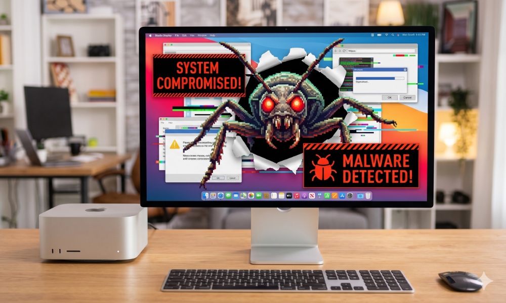 A Mac Studio and Studio Display on a modern desk showing a large bug and virus infection warnings on the screen.