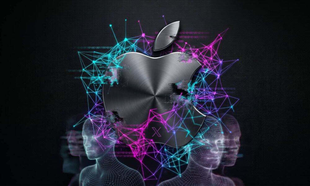 A conceptual, close-up image showing a clean, sleek Apple App Store logo on an iPhone screen, where a messy, abstract digital glitch (representing Grok's deepfake technology) is partially obscuring and contrasting with the polished Apple user interface.