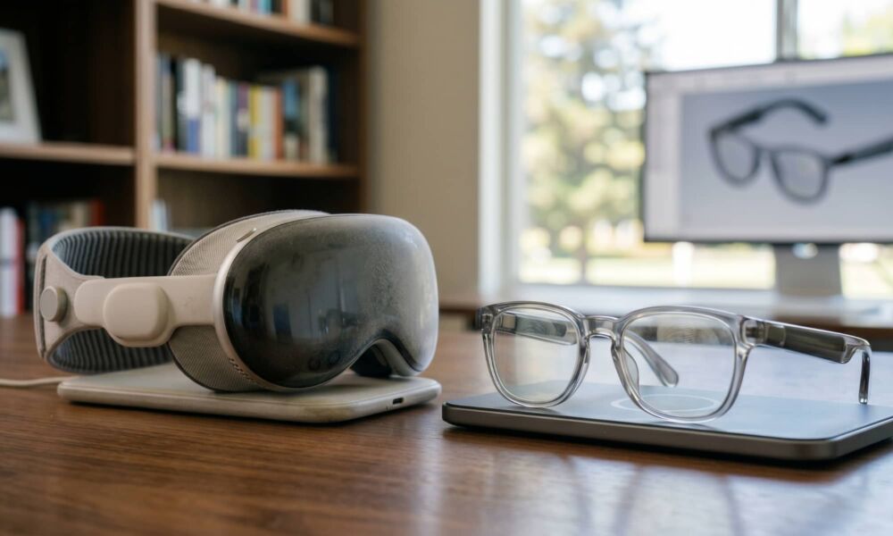 A focused photograph on a desk in a home office, showing a dusty, neglected Apple Vision Pro M5 headset with a fine layer of settled grey particles, sitting next to a pristine, clean pair of crystal-clear smart glasses prototypes resting on a charging mat.