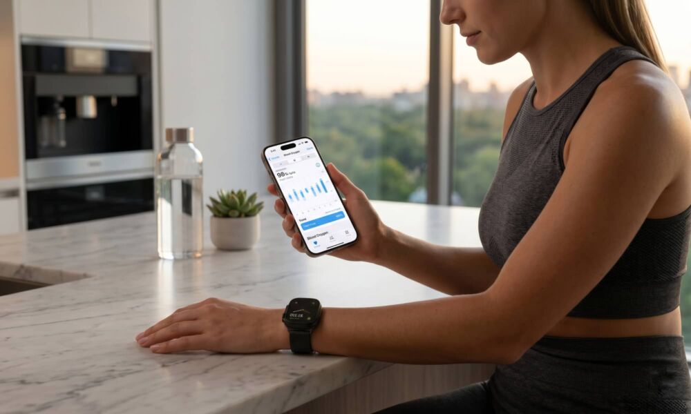 A woman in gray athletic wear looks at her smartphone displaying the Health app's 'Blood Oxygen' dashboard with a percentage and graph. She wears a black Apple Watch on her wrist. The setting is a modern kitchen with a large window view of a cityscape at sunset.