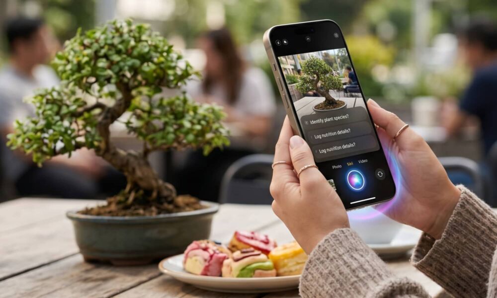 AI-generated concept image of an iPhone showing a rumored iOS 27 Camera app interface with a dedicated 'Siri' mode and an Apple Intelligence-styled shutter button