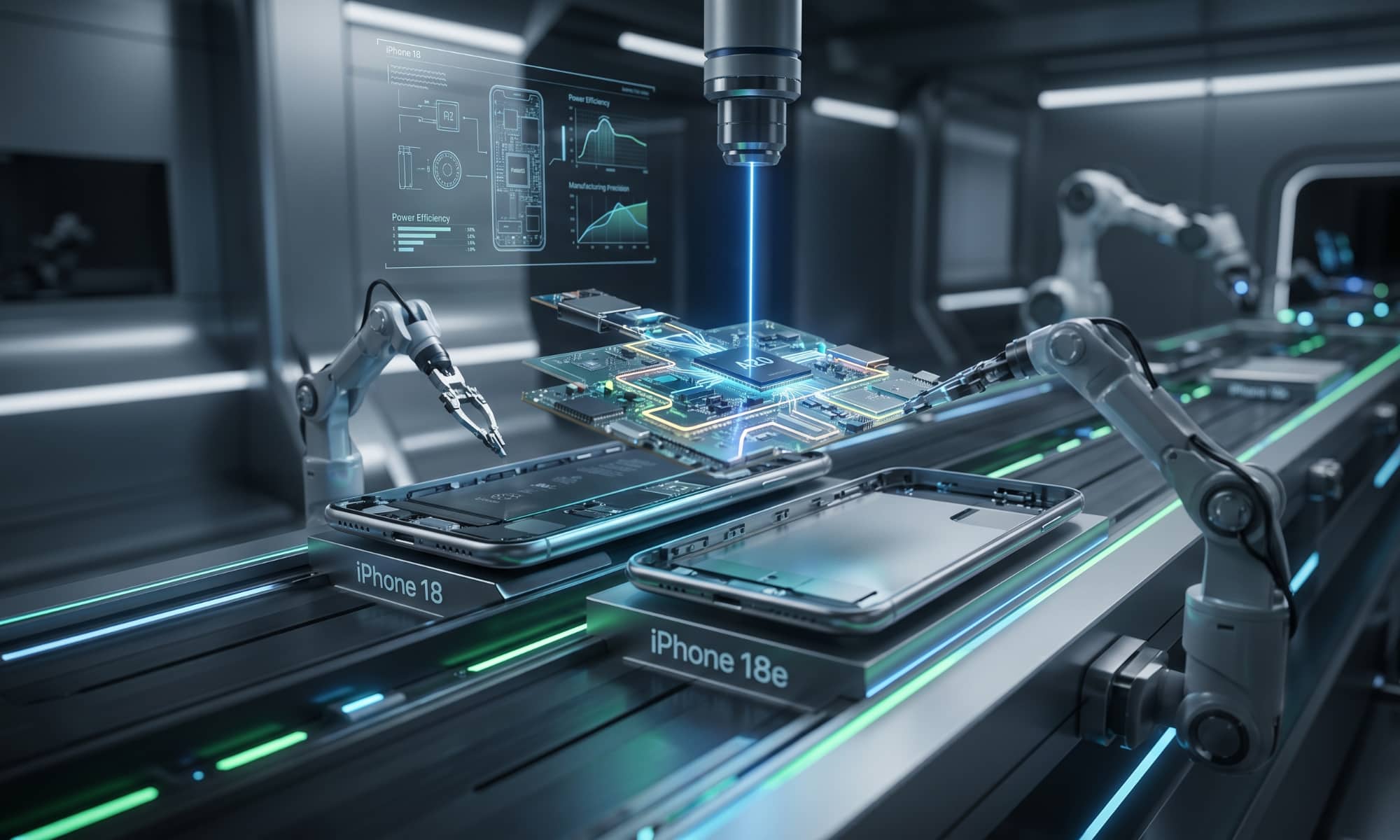 A high-tech, futuristic assembly line showing the iPhone 18 and iPhone 18e being manufactured side-by-side. Robotic arms and precision lasers are shown installing a unified logic board featuring the A20 chip into the sleek metallic chassis, with holographic data displays in the background.
