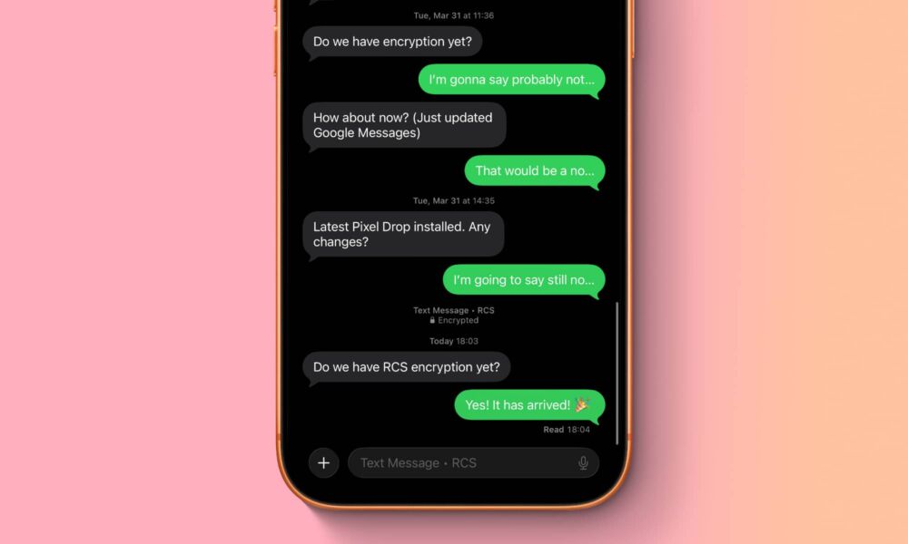 iPhone 17 Pro Max showing an encrypted RCS chat with a Google Pixel 6.