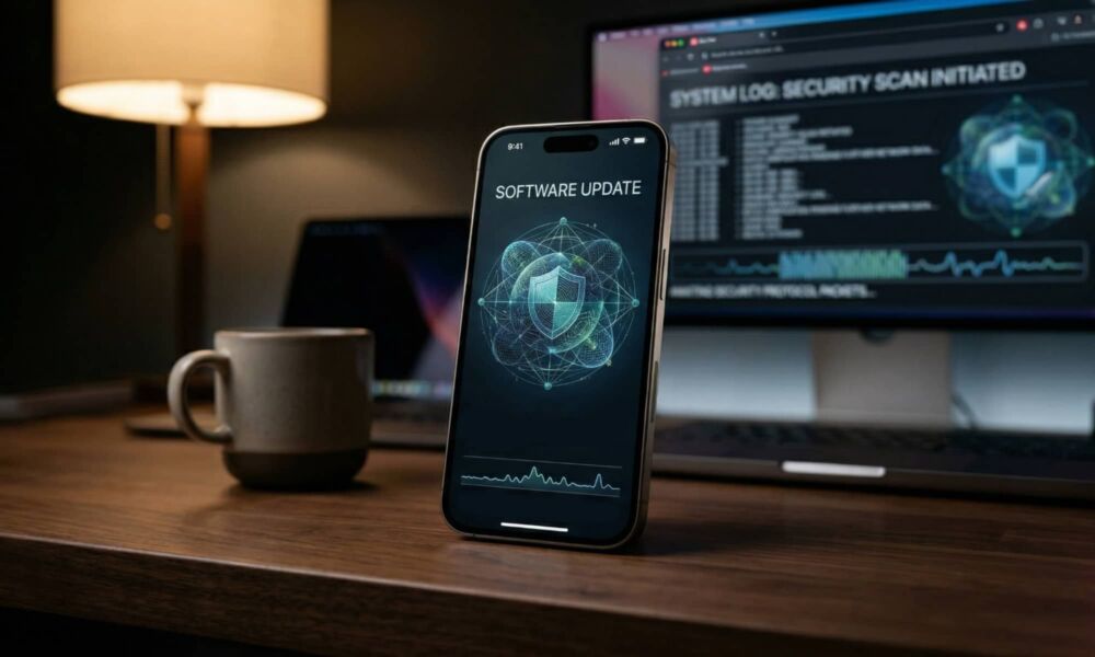 An iPhone on a wooden desk displays a glowing, abstract security shield graphic, representing the iOS 18 DarkSword update. A coffee mug and blurred computer monitor are in the background.