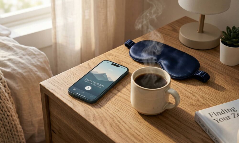 An iPhone resting on a natural wood nightstand next to a steaming artisanal coffee mug and a dark navy blue silk sleep mask. The phone screen displays a calming 2026 meditation app with text 'START YOUR DAY CALM' and '7:30 AM 15 min session'. The background shows softly blurred bedroom linens and warm morning window light.