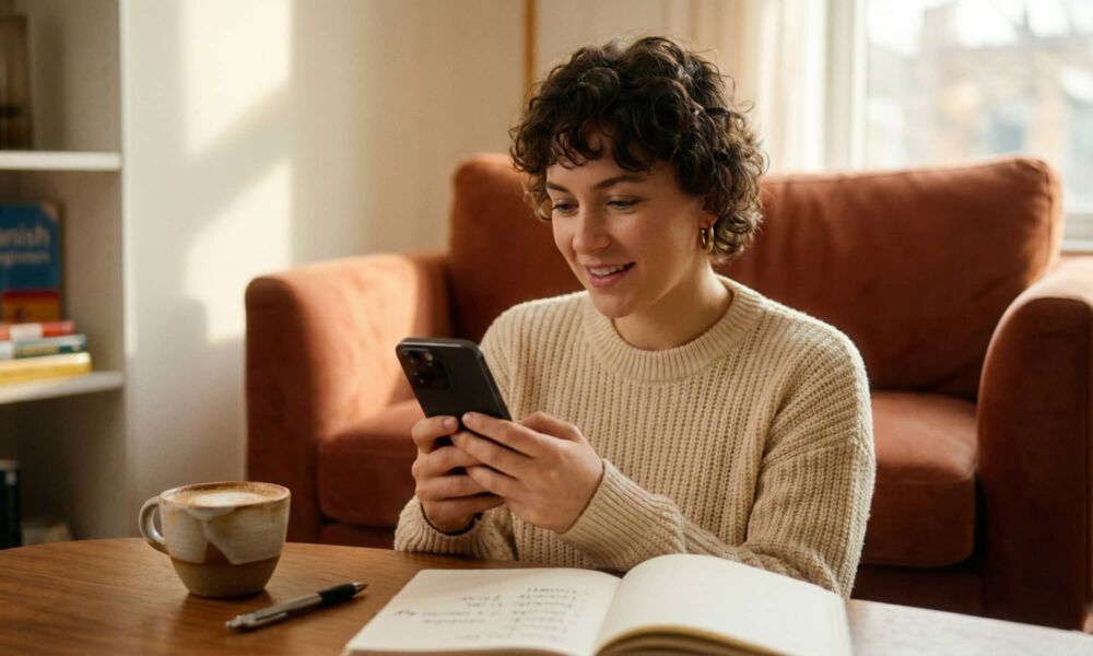 A candid lifestyle photograph of a focused woman sitting at a sunlit wooden desk, engrossed in an iPhone which displays a clear language lesson screen (like Duolingo). A cup of cappuccino, a pen, and an open notebook with vocabulary notes are on the desk, illustrating a personal classroom moment of quiet study.