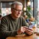 A natural, candid-style photo of an older man with gray hair and glasses, smiling as he comfortably uses an iPhone while seated at a sunlit coffee shop table.