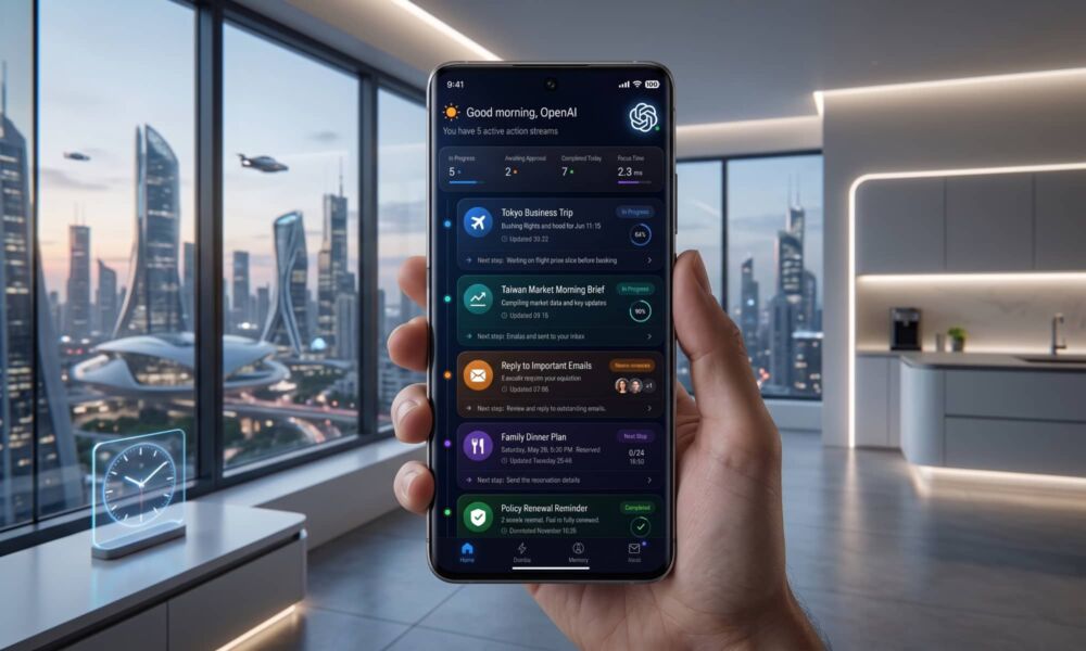 Conceptual OpenAI smartphone interface showing the "Agent Task Stream" UI with AI-managed travel, email, and schedule cards.