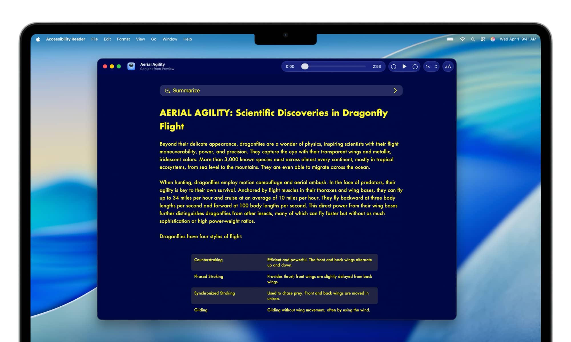 Apple accessibility features Accessibility Reader on Mac after