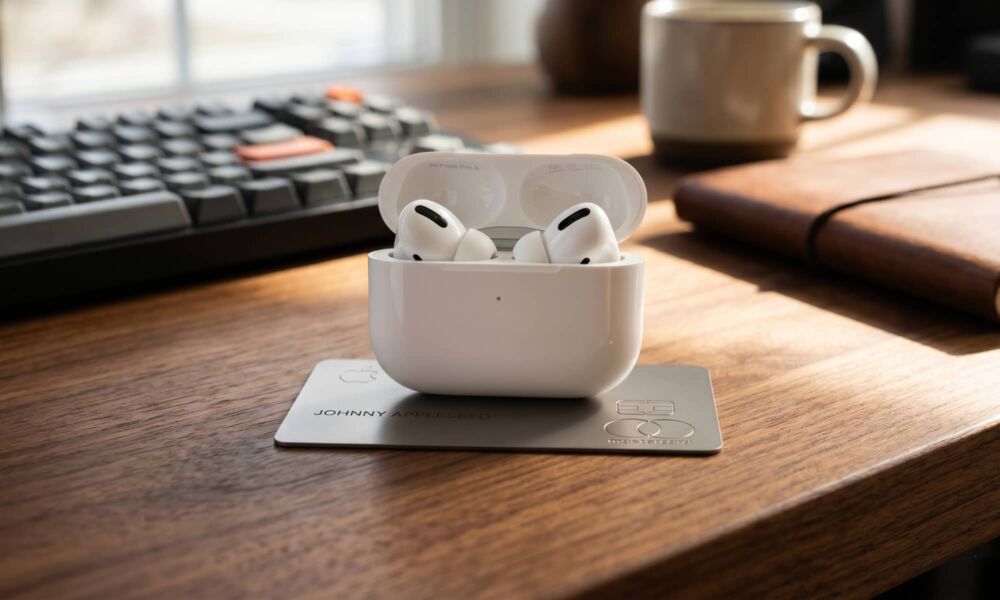 A set of AirPods Pro 3 with the case open, resting on top of a physical titanium Apple Card on a grained wooden desk. The front of the open case clearly displays 'AirPods Pro 3'. The image is a close-up lifestyle shot with natural lighting.