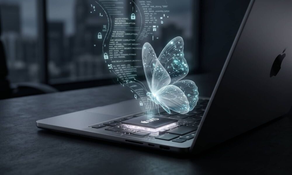 A MacBook Pro sits on a desk in a dark room with a glowing M5 chip and a holographic butterfly representing Anthropic's Project Glasswing AI.