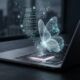 A MacBook Pro sits on a desk in a dark room with a glowing M5 chip and a holographic butterfly representing Anthropic's Project Glasswing AI.