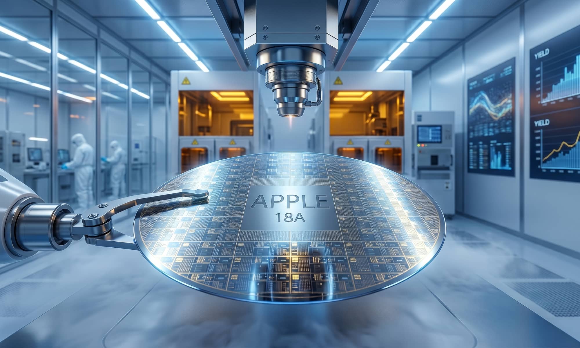 A robotic arm holds a large silicon semiconductor wafer marked with 'APPLE 18A' in the center, presented within a high-tech cleanroom facility. Overhead fabrication machinery is positioned above the wafer, while blurred technicians in cleanroom suits and data monitors are visible in the background.