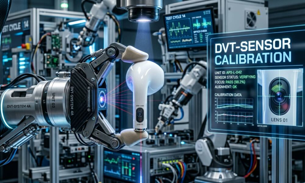 A futuristic conceptual photograph showing a pair of protoype AirPods on a high-tech automated assembly line. Robotic arms hold one AirPod under inspection, clearly revealing two miniature camera lenses integrated into the slightly extended stem, which has a subtle green LED status ring. Glowing diagnostic screens in the background display technical data and diagrams.