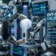 A futuristic conceptual photograph showing a pair of protoype AirPods on a high-tech automated assembly line. Robotic arms hold one AirPod under inspection, clearly revealing two miniature camera lenses integrated into the slightly extended stem, which has a subtle green LED status ring. Glowing diagnostic screens in the background display technical data and diagrams.